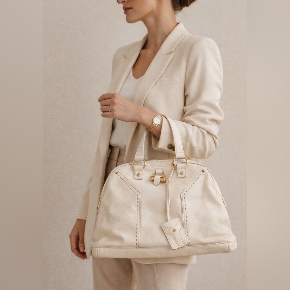 🤍 YSL Yves Saint Laurent Cream Leather Muse Satchel – Ivory with Gold Hardware
